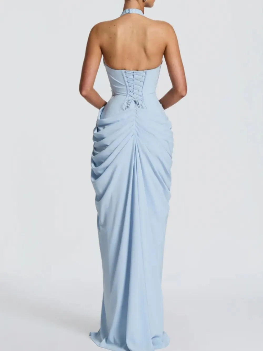 Maha Blue Halter Corset Ruched Maxi Dress Flowering Girl