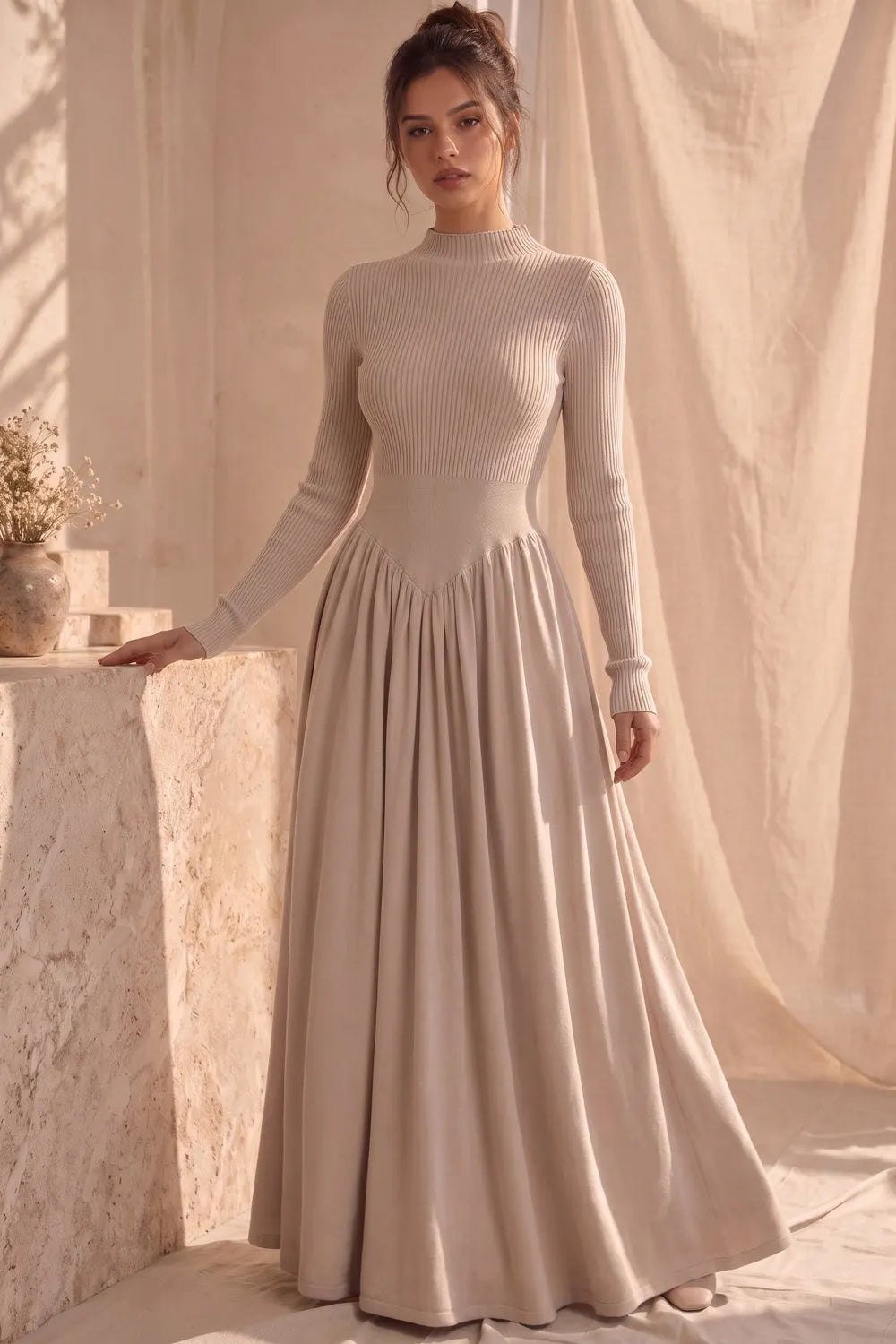 Beige Ribbed Knit Maxi Dress Flowering Girl