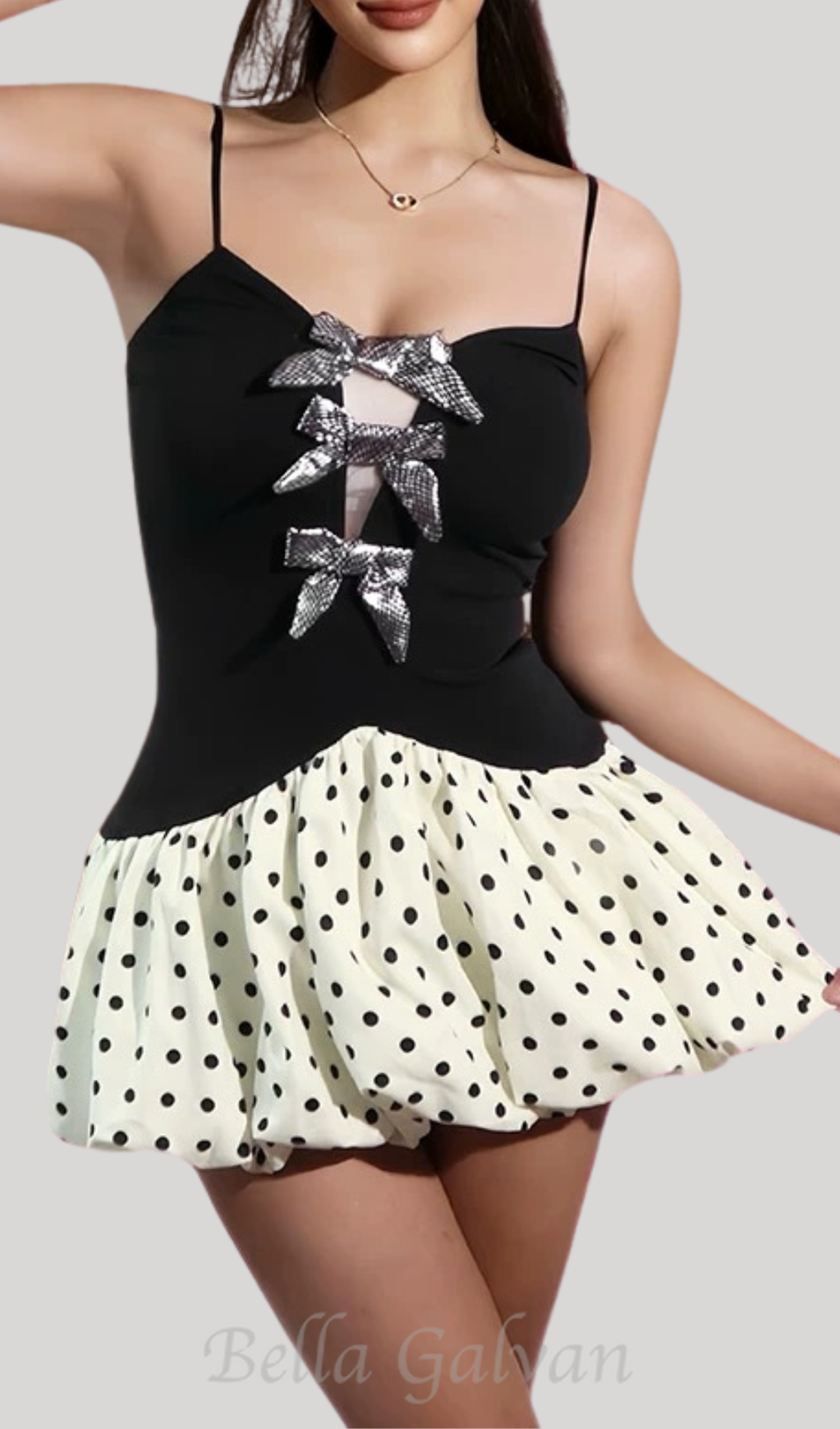 bow polka dot patchwork mini dress in black Flowering Girl