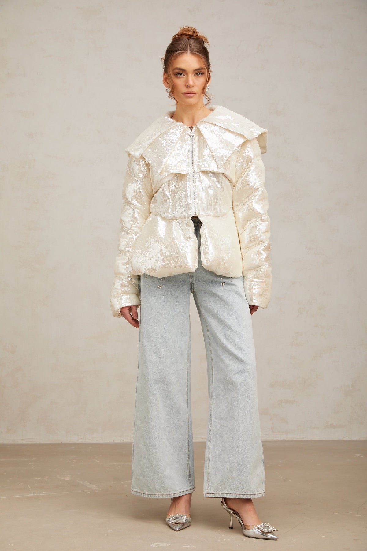 Joslyn White Sequined Down Coat Flowering Girl