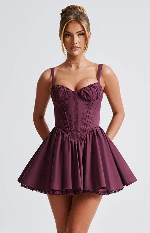 Lace Ruffle Trim Corset Mini Dress In Purple Flowering Girl