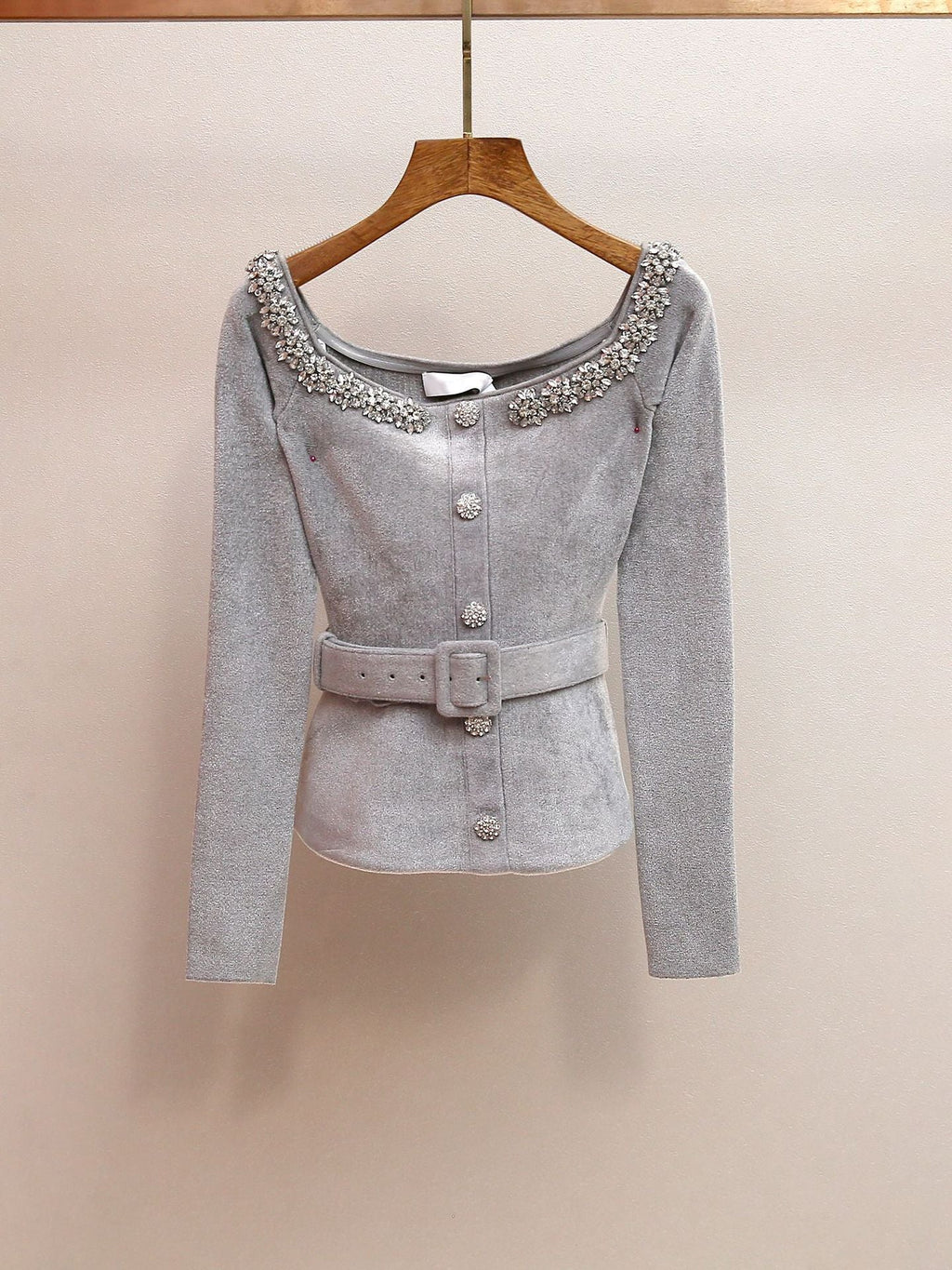 Molly Grey Chenille Knit Crystal Trim Top Flowering Girl