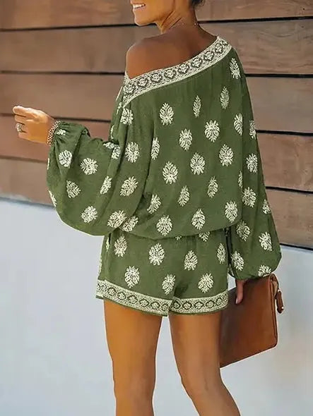 Baroque Print Off-Shoulder Lantern Sleeve Shorts Jumpsuit Flowering Girl