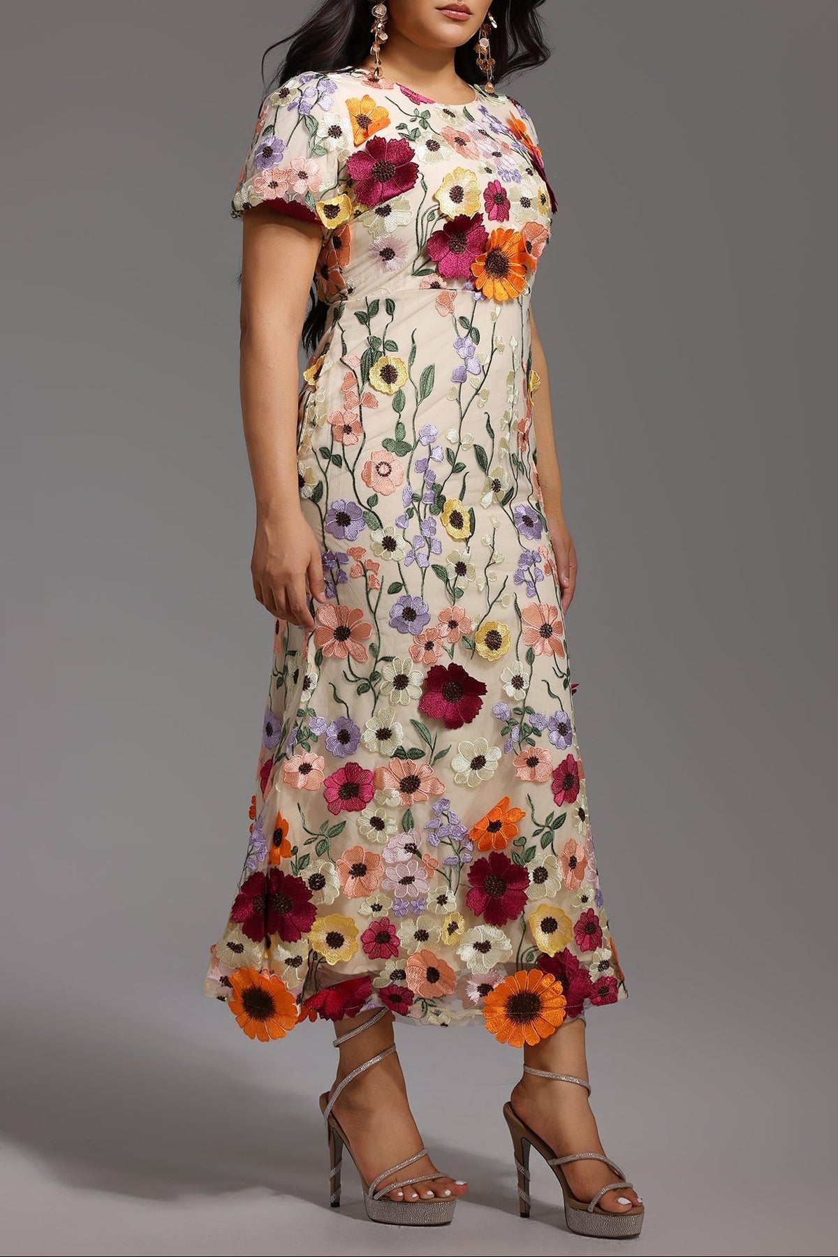 Naya Short Sleeve Round Neck Flowers Fishtail Midi Dress Flowering Girl
