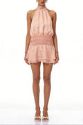 Jane Halterneck Pleated Chiffon Mini Dress In Pink Flowering Girl