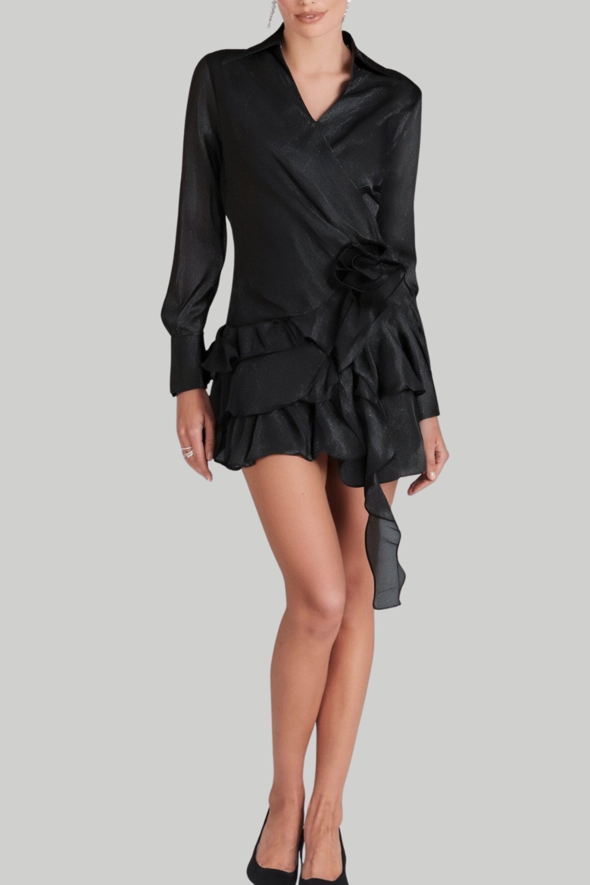 Flower Ruffle Ribbon Mini Dress In Black Flowering Girl