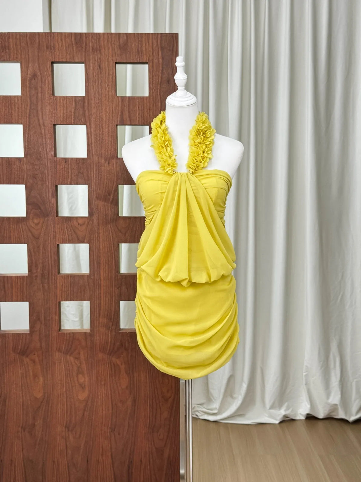 Simona Floral Chain Halter Pleated Mini Dress - Yellow Flowering Girl