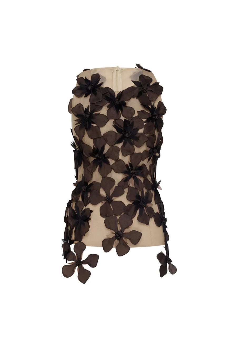 Moyer Bodycon Flower Applique Tulle Top in black Flowering Girl