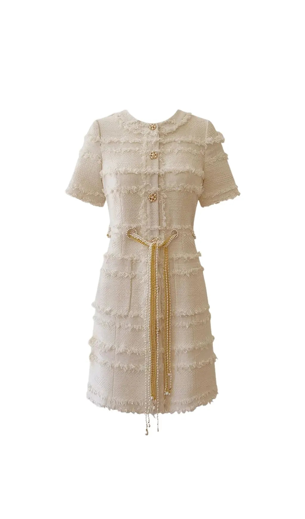 Marguerite Pearl Chain Tweed Mini Dress - Beige Flowering Girl
