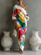One-Shoulder Abstract Print Maxi Dress Flowering Girl