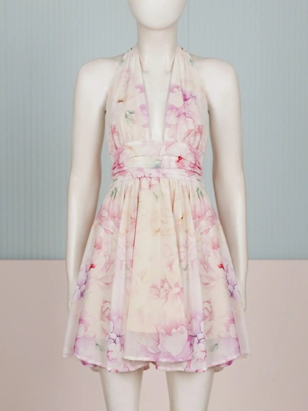 Murray Floral Print Halter Backless Mini Dress - Pink Flowering Girl