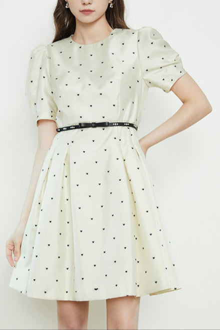 Elsie Polka Dot Puff Sleeve Mini Dress In Beige Flowering Girl