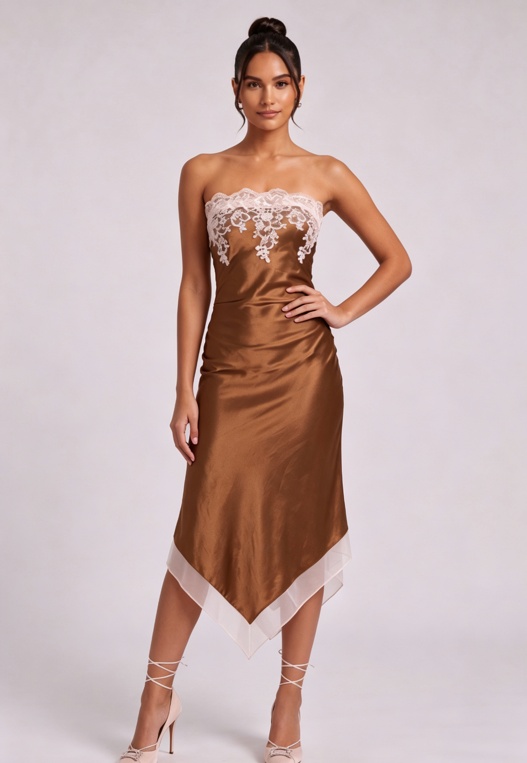 Bronze Satin Sheath Dress with Lace Applique Flowering Girl