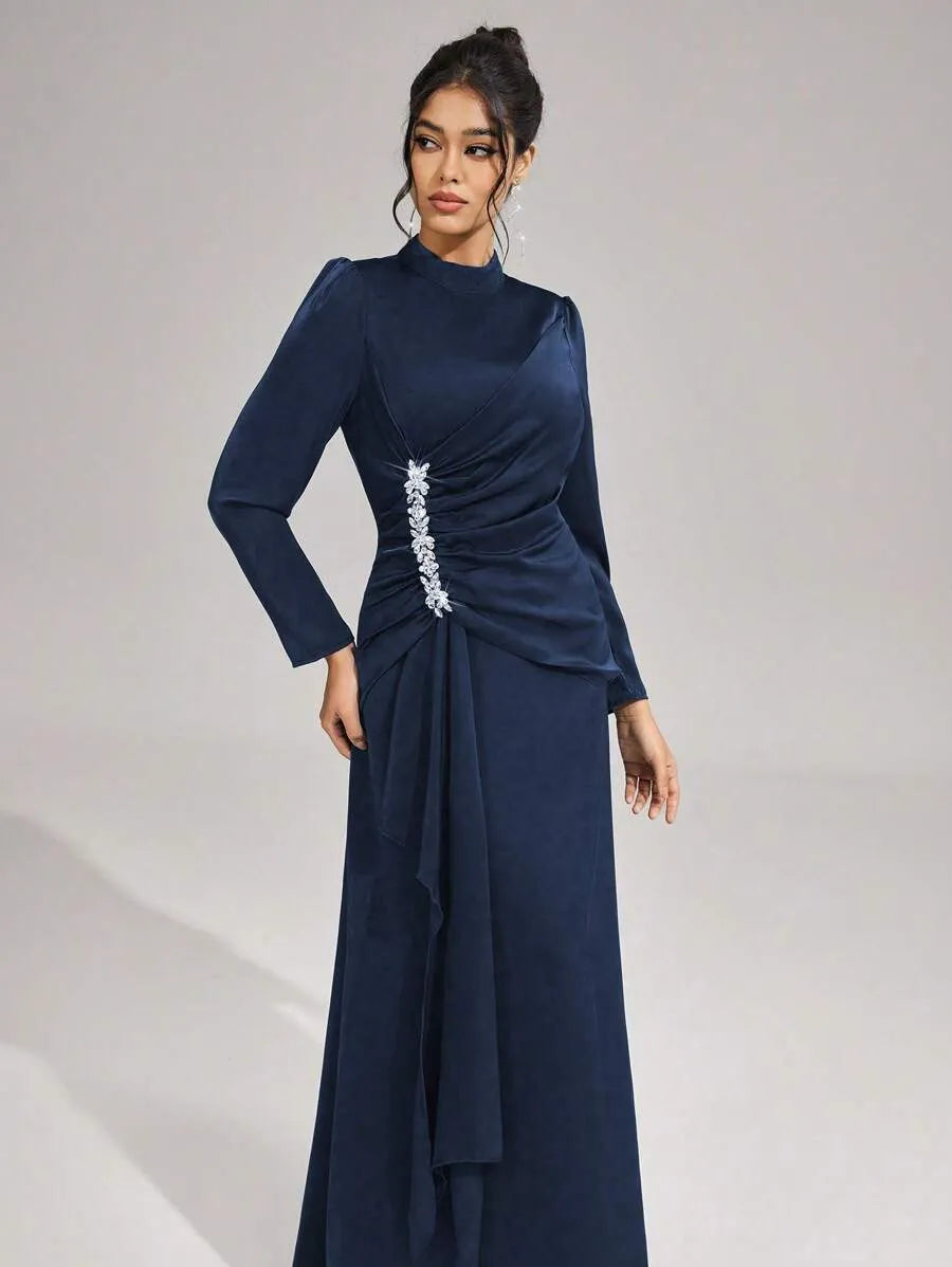Beulah Long Sleeves With Beading Pleated Maxi Dress In Blue Flowering Girl