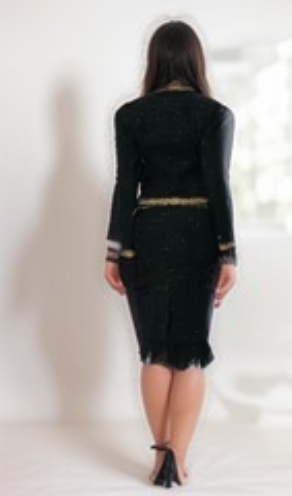 Black Tweed Blazer and Skirt Set with Gold Trim and Feather Detailing Flowering Girl