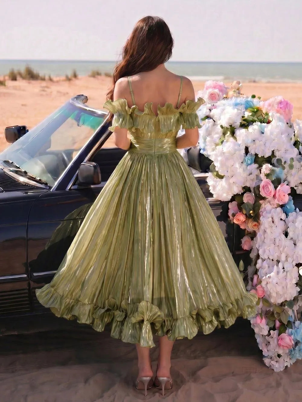 Olive Green Pleated Satin Or Taffeta Fit-And-Flare, Off-The-Shoulder Midi Dress Flowering Girl