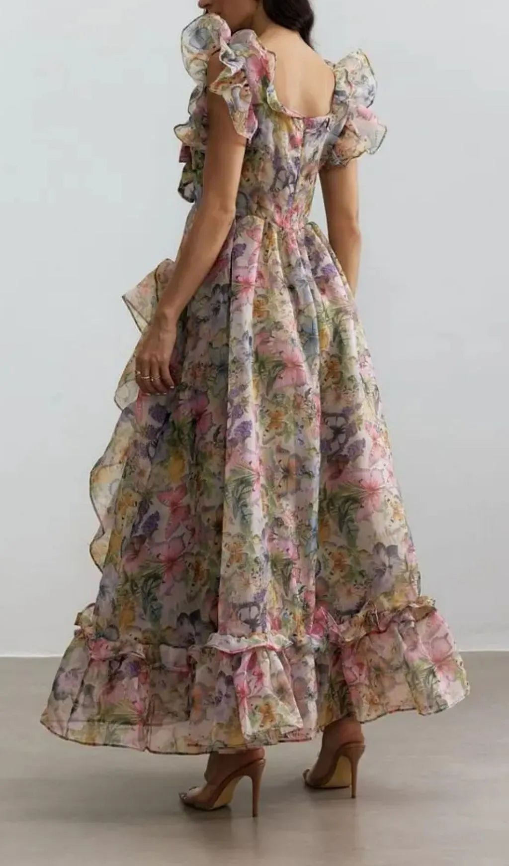 Butterfly Print Ruffle Chiffon Maxi Dress Flowering Girl