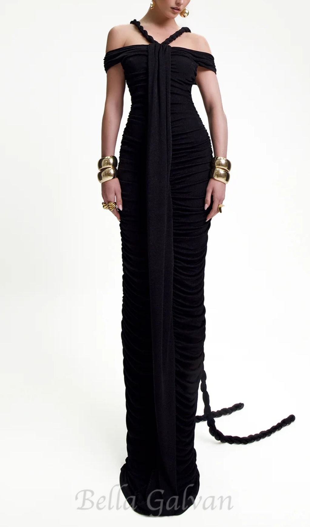 cara black off-shoulder ruched bodycon maxi dress with rope embellished Flowering Girl