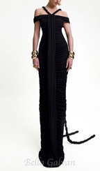 cara black off-shoulder ruched bodycon maxi dress with rope embellished Flowering Girl