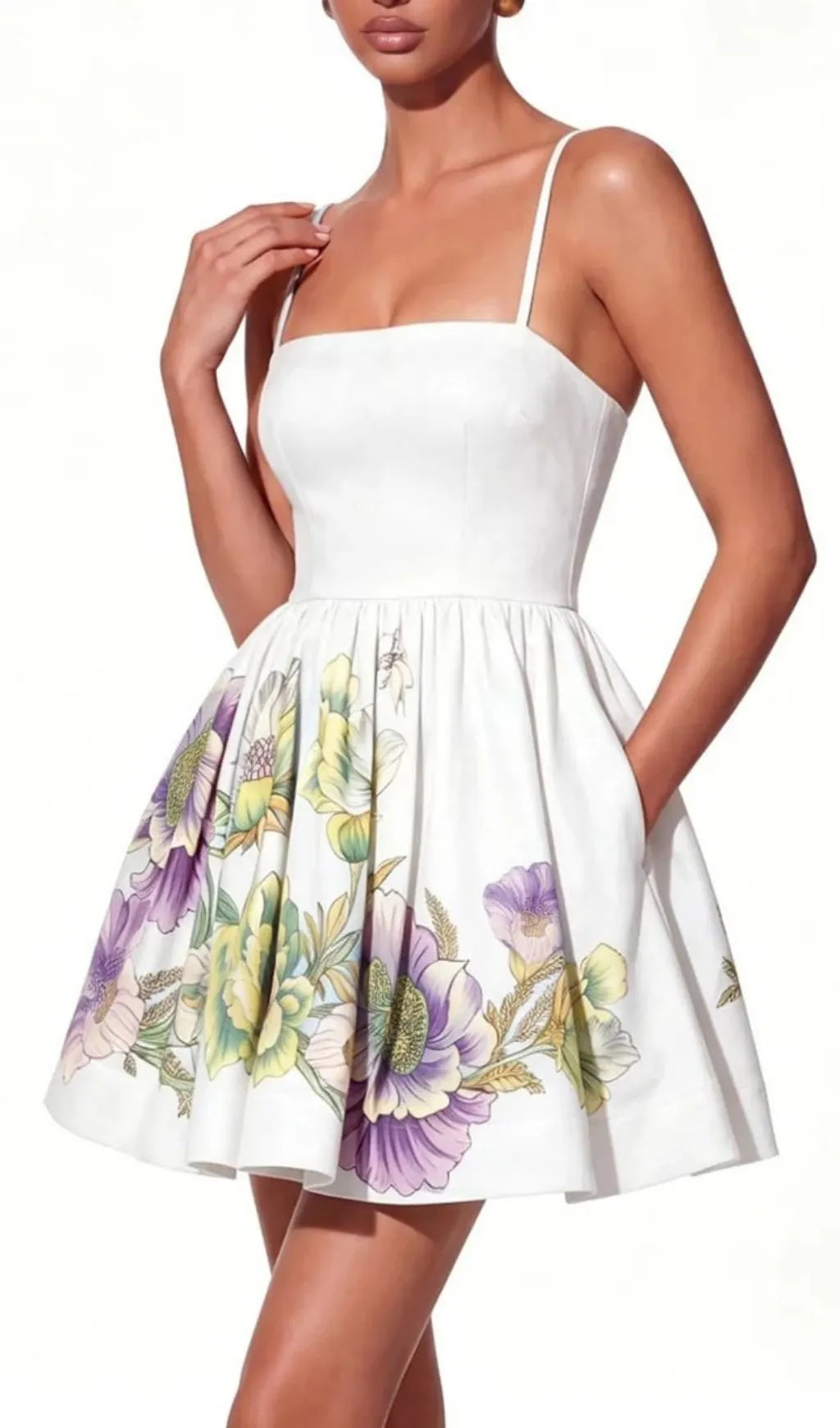 Kelora Spaghetti Floral Mini Dress In White Flowering Girl