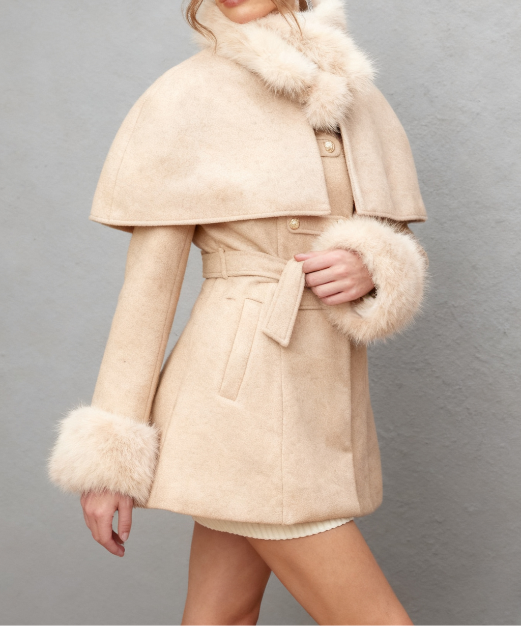 Rosella Detachable-Cape Faux-Fur Coat Flowering Girl