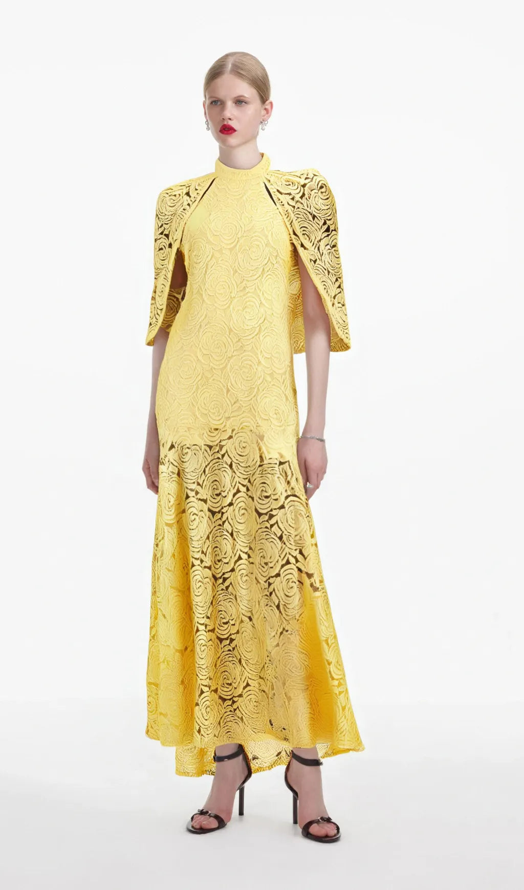 Ursula yellow cape-design chantilly-lace maxi dress Flowering Girl