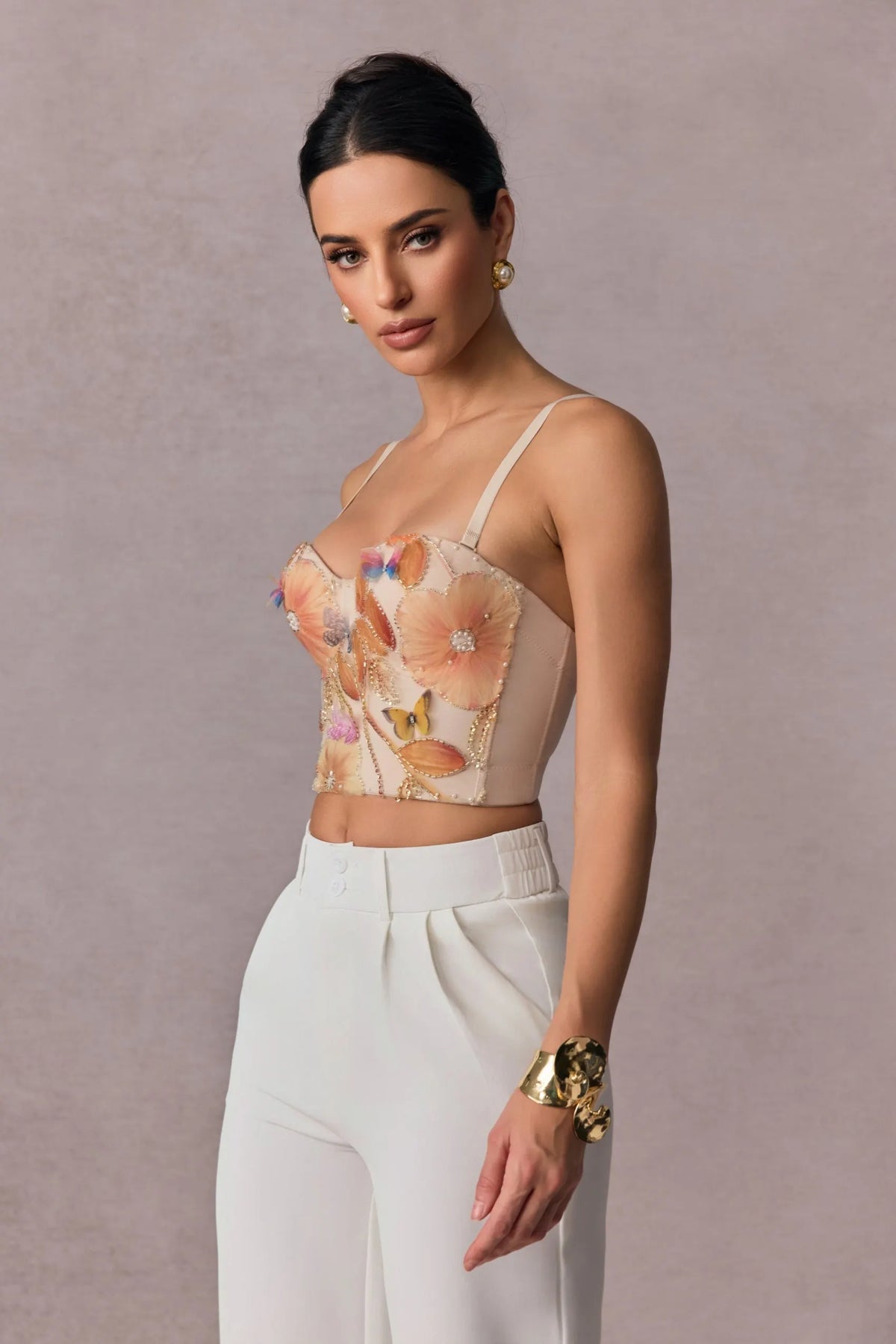 3D Floral Butterfly Rhinestone Spaghetti Strap Bustier Crop Top Flowering Girl