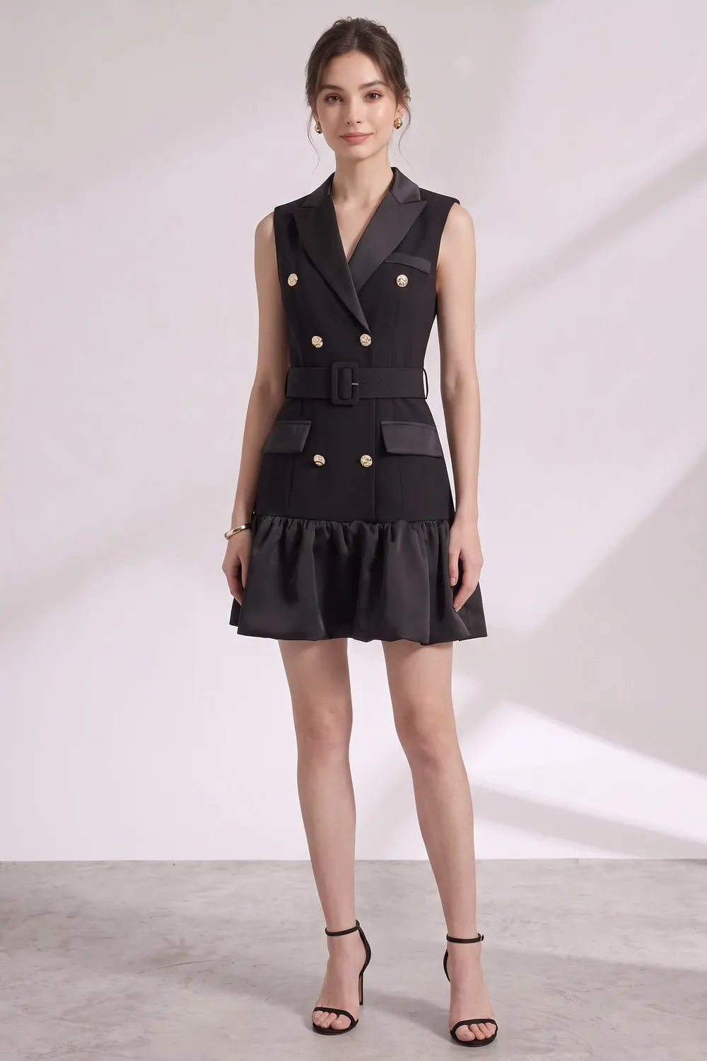 Black Matte Suiting Crepe Tailored Bodice with Flared Ruffled Hem Blazer Dress Flowering Girl