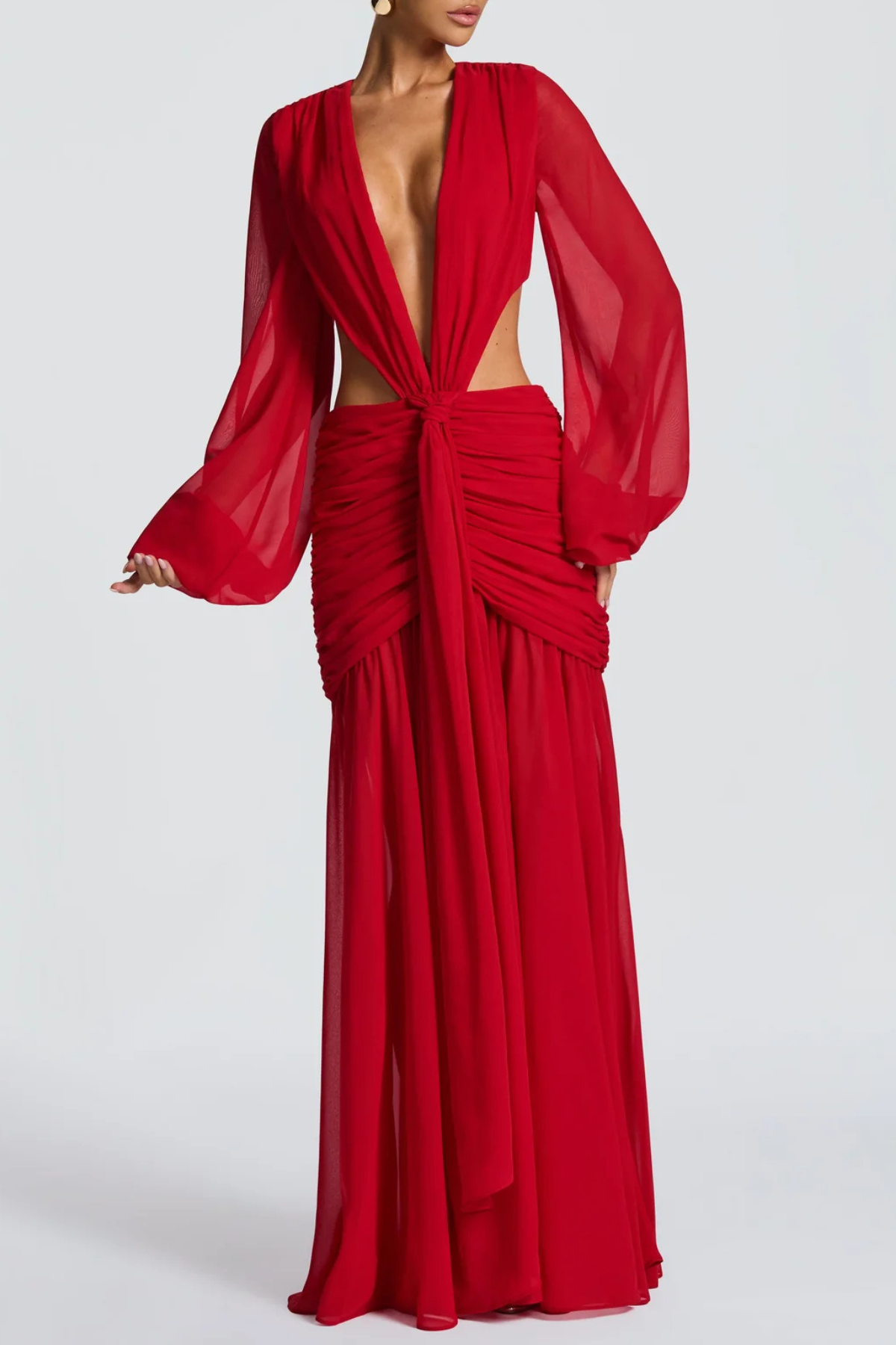Roniny Cutout Chiffon Draped Maxi Dress - Red Flowering Girl