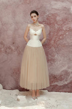 Two-Tone Hollow Tube Top Tulle Midi Dress Flowering Girl