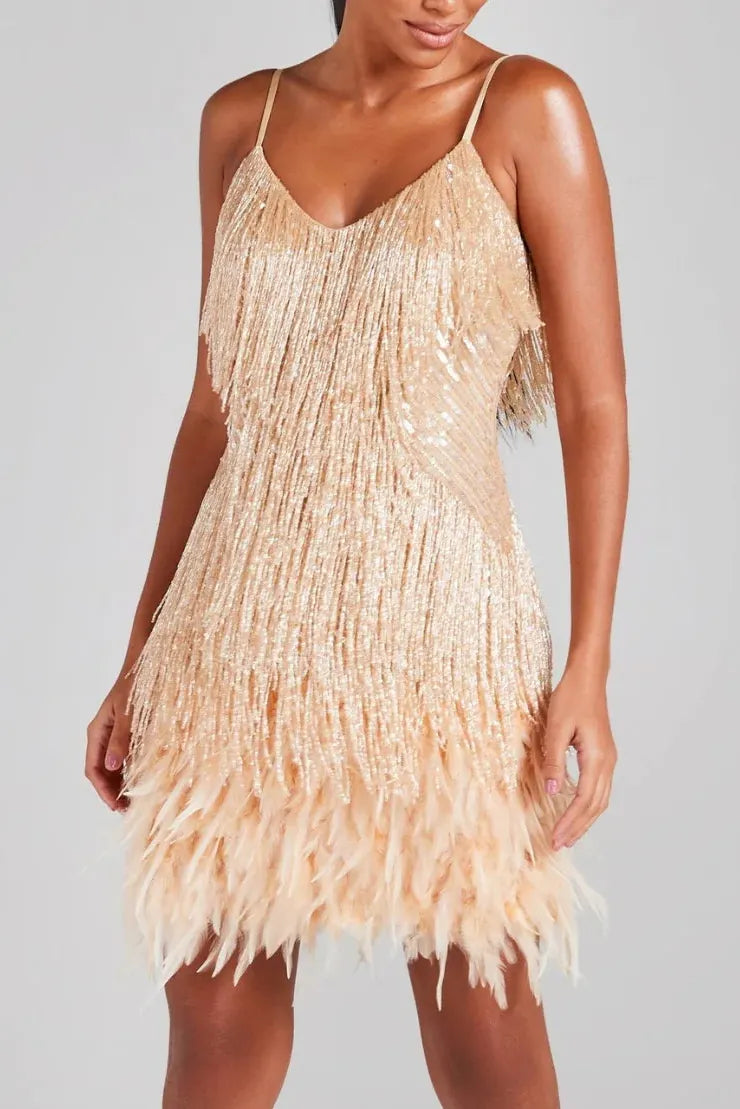 Champagne Tassel Feather Mini Dress Flowering Girl