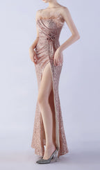 Chroma Gold Sequin Flower Feather Maxi Dress Flowering Girl