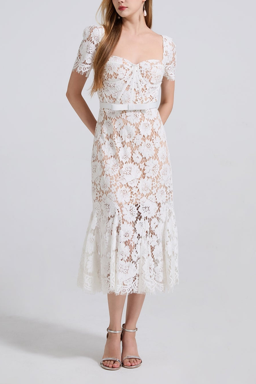 SQUARE NECK LACE MIDI DRESS IN WHITE Flowering Girl