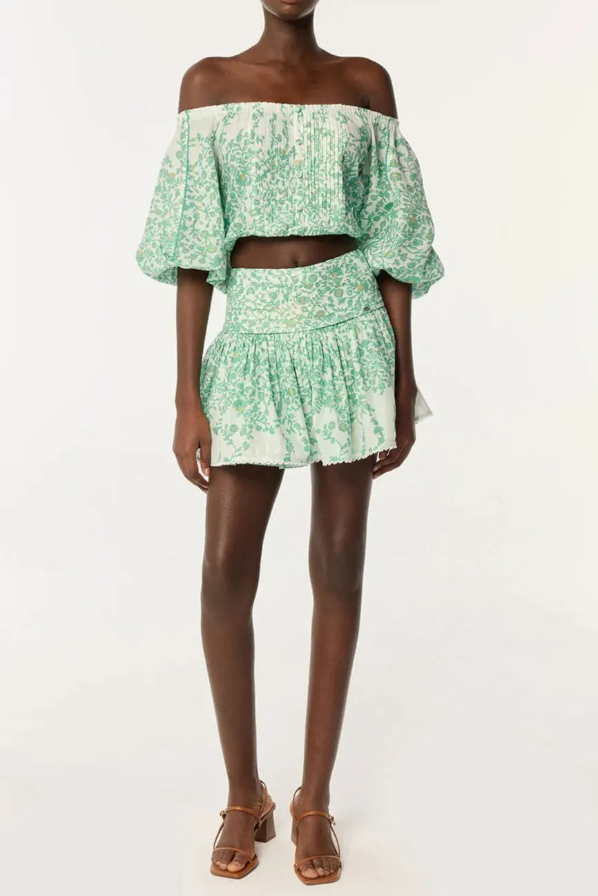 Off-Shoulder Floral Print Mini Skirt Set In Green Flowering Girl