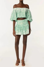 Off-Shoulder Floral Print Mini Skirt Set In Green Flowering Girl