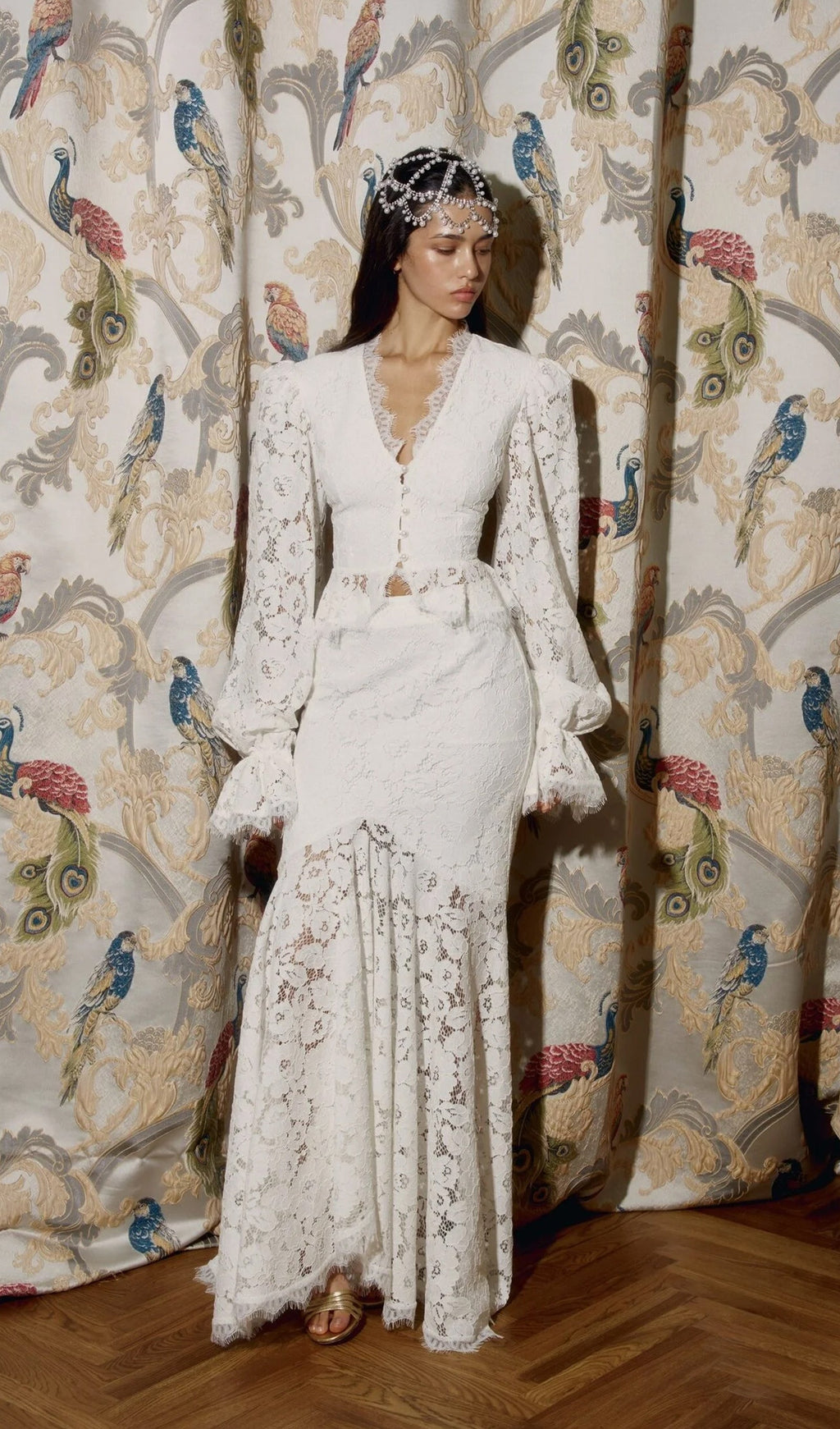 Emily Lace Trimmed Puff Sleeved Top & Fishtail Skirt Set In White Flowering Girl