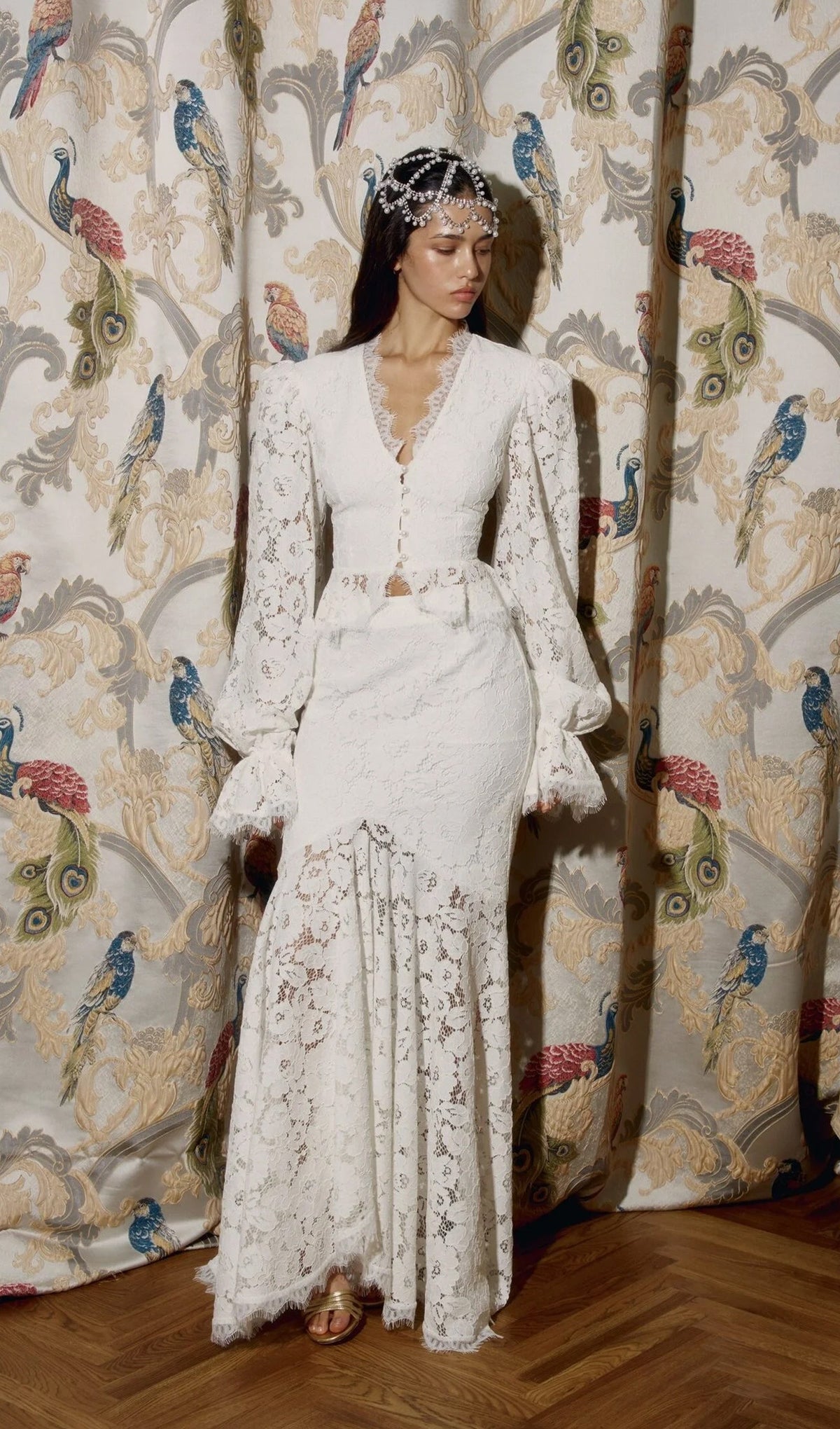 Emily Lace Trimmed Puff Sleeved Top & Fishtail Skirt Set In White Flowering Girl