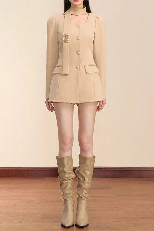 Molly Square Neck Long Sleeve Mini Blazer Dress In Khaki Flowering Girl