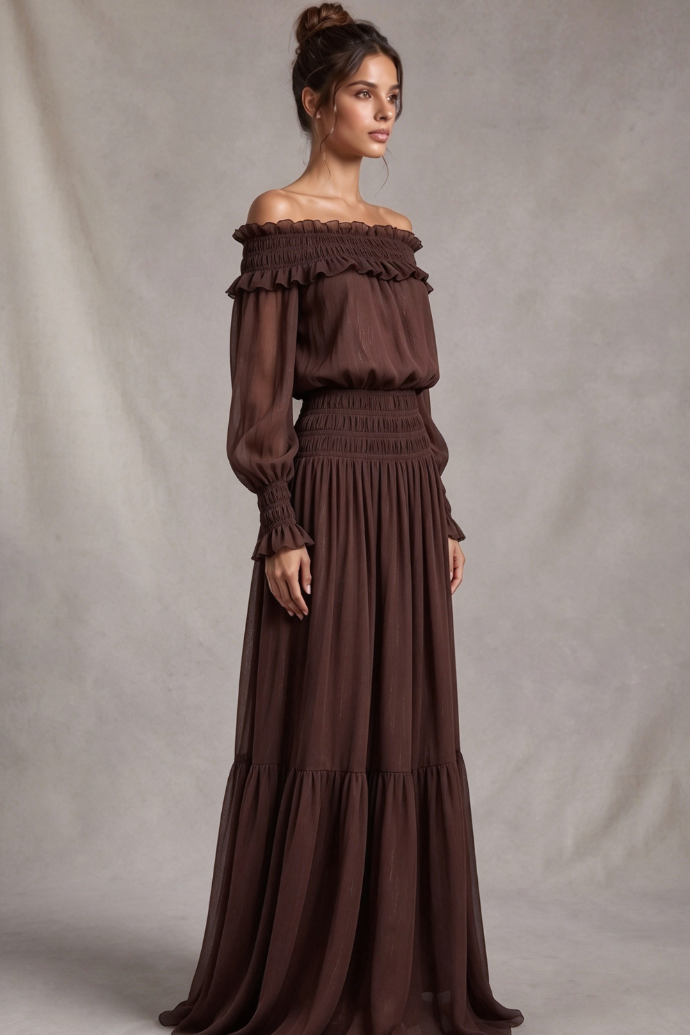 Chocolate Brown Textured Chiffon Blouson Maxi Dress with Tiered Skirt Flowering Girl