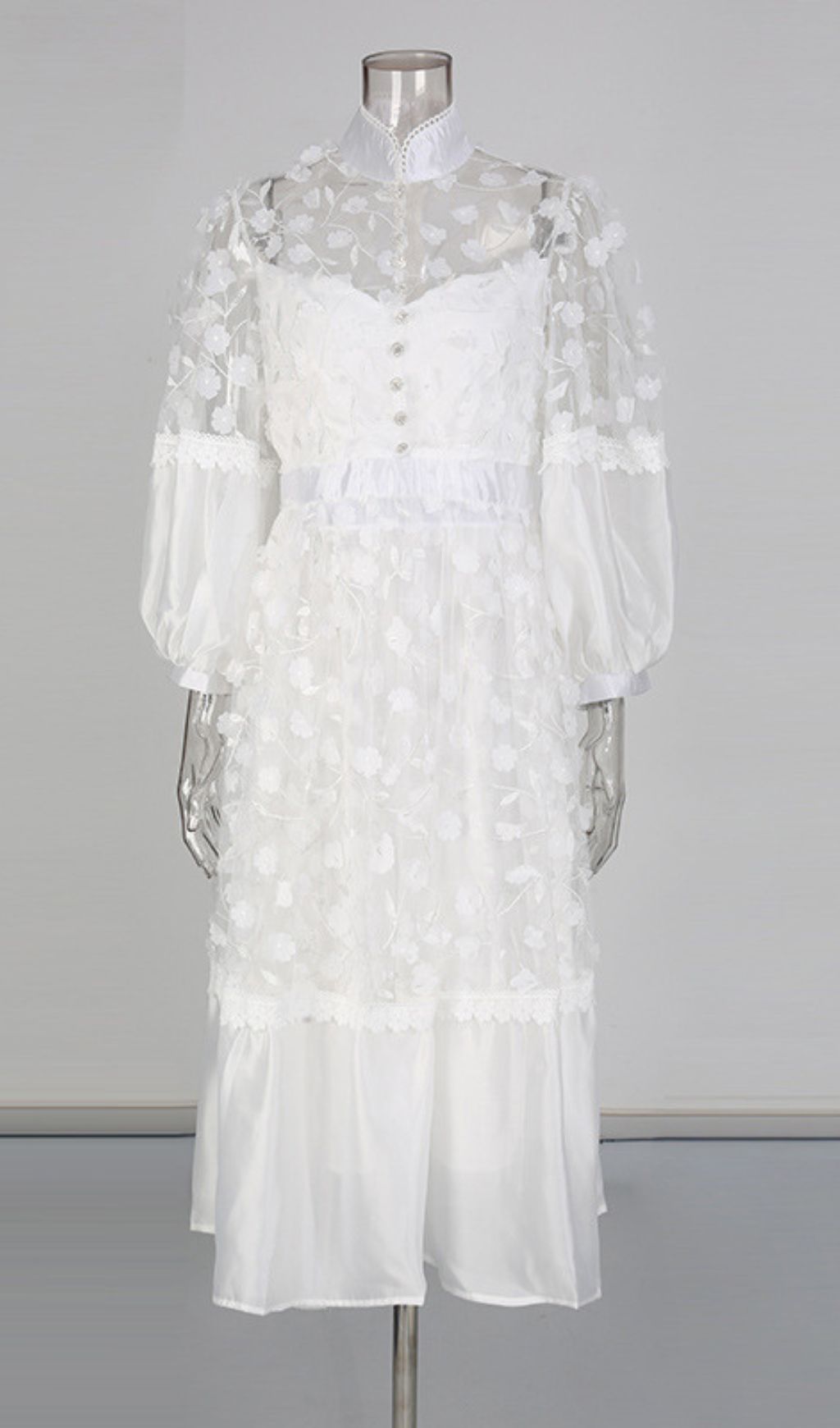 Itzayana White Flower Embellished Long Sleeve Midi Dress Flowering Girl