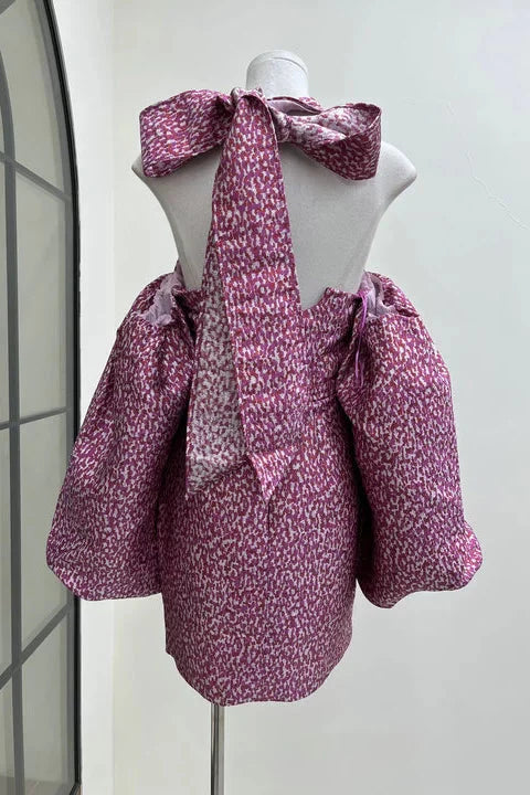 Jacquard Rose Pink Halterneck Mini Dress Flowering Girl