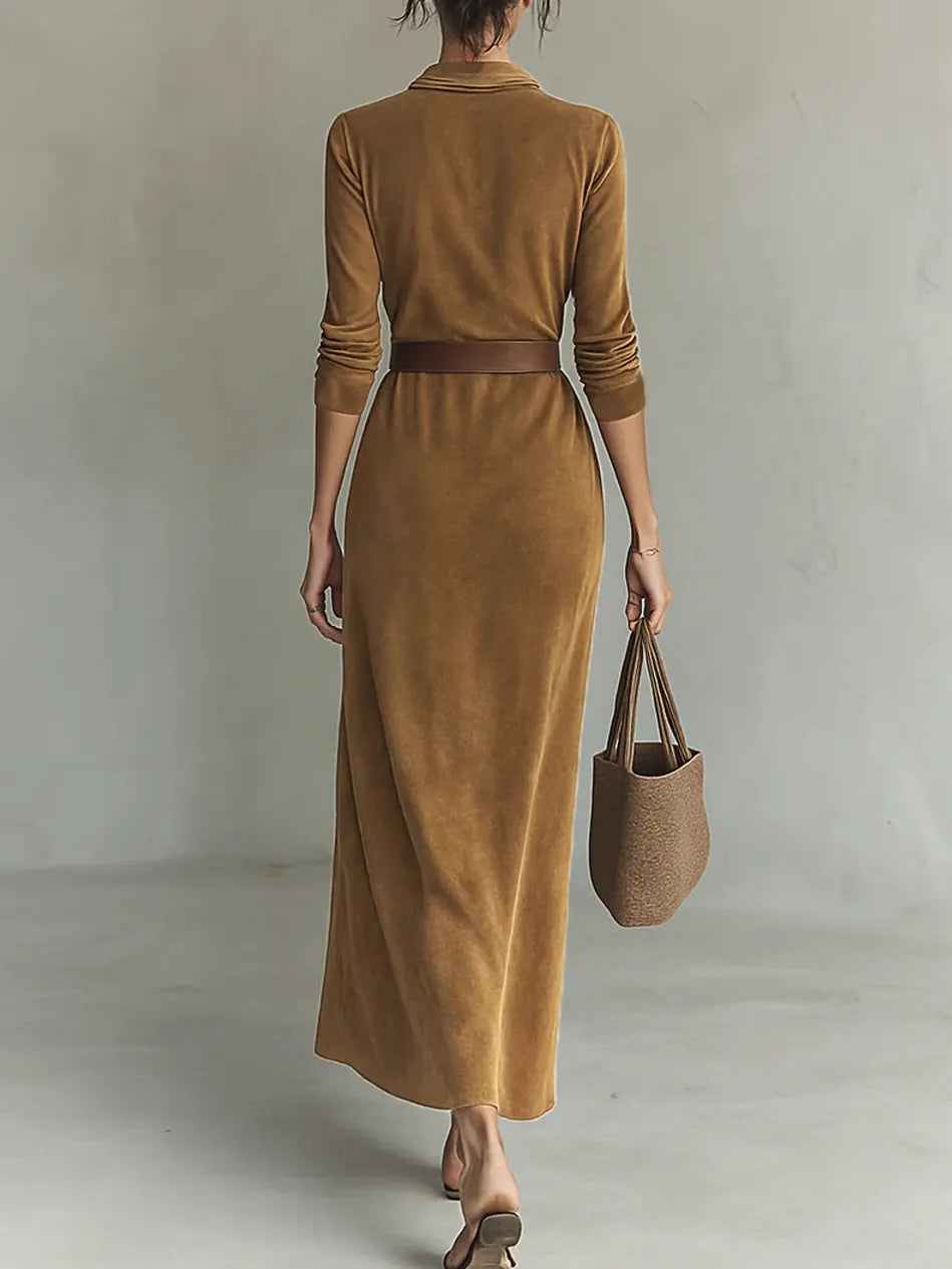 Suede Single-Breasted Lapel Maxi Dress Flowering Girl