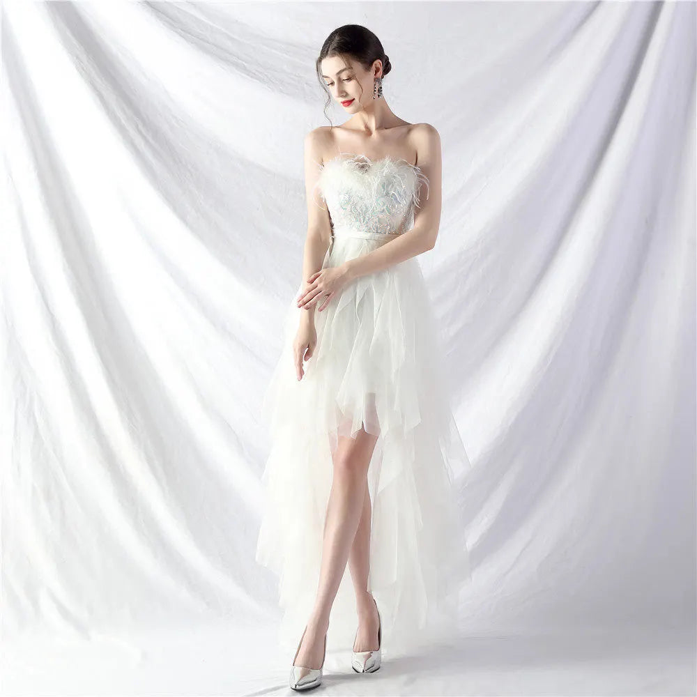 Strapless Feather Tulle Midi Dress Flowering Girl