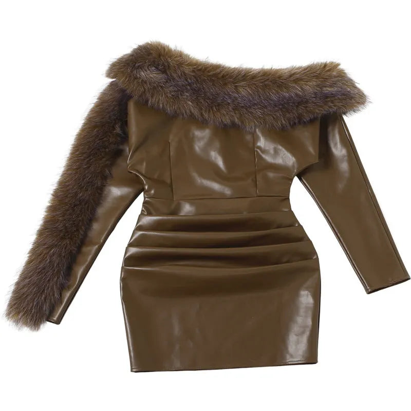 Sibyl Leather Fur Collar Asymmetrical Mini Dress In Brown Flowering Girl