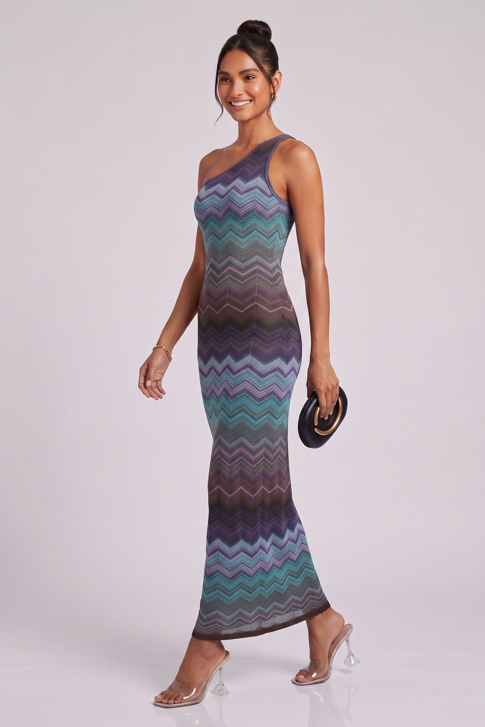 One-Shoulder Chevron Maxi Dress in Teal, Purple & Brown Flowering Girl