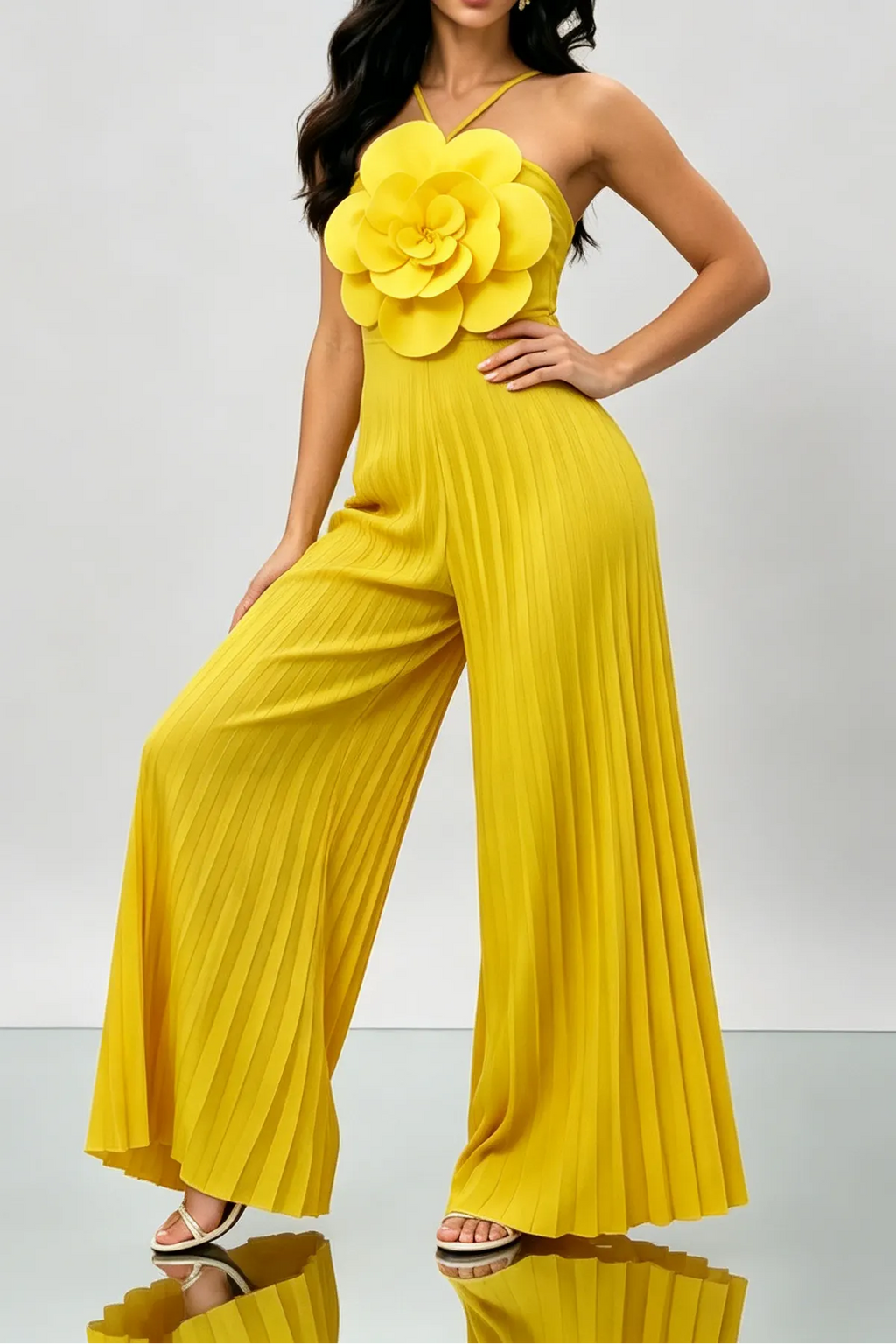 Bright Yellow 3D Floral Halter Pleated Wide Leg Jumpsuit Flowering Girl
