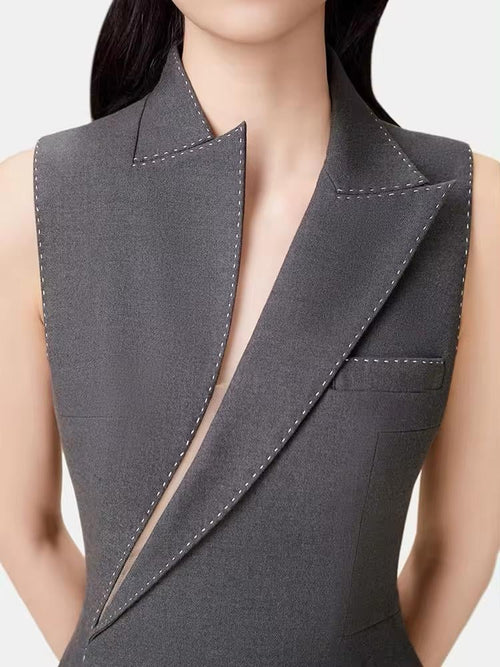 Asymmetric Collar Blazer Midi Dress In Grey Flowering Girl