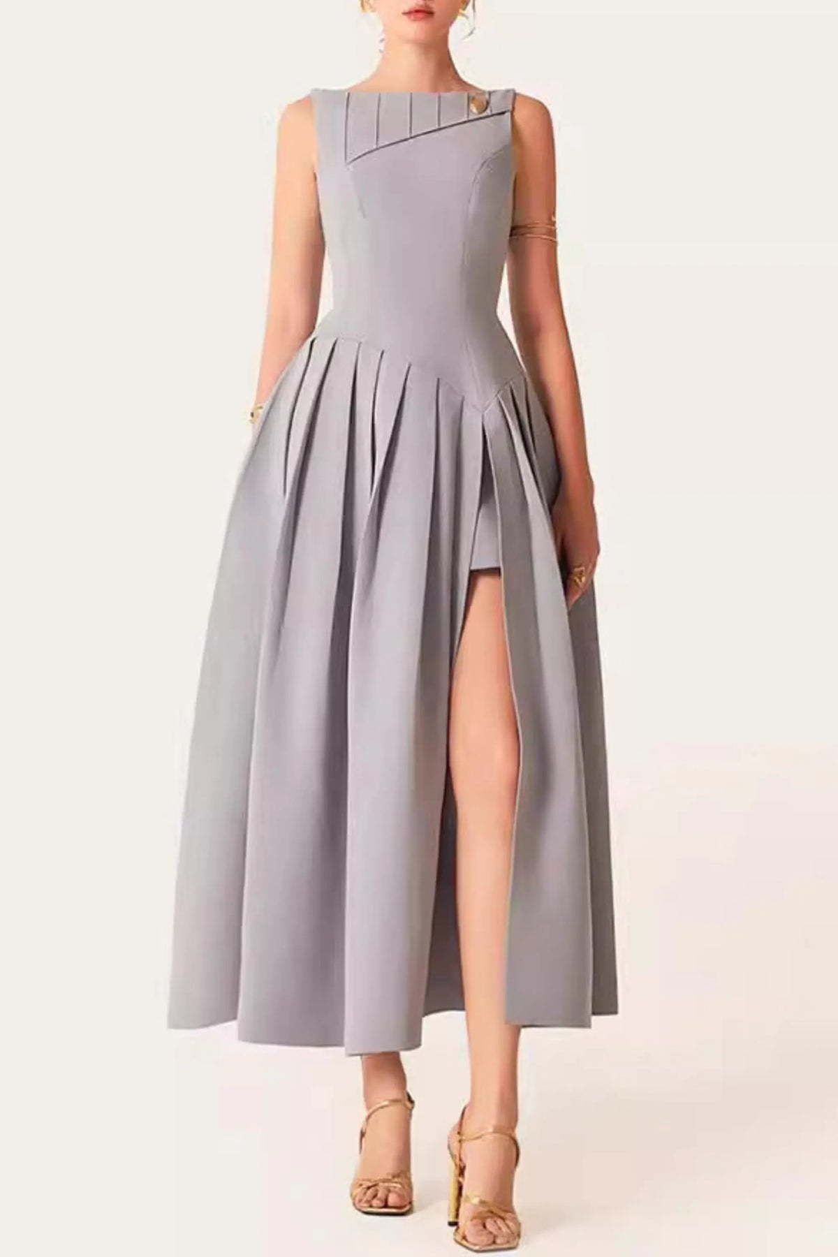 Sleeveless Pleated Slit Midi Dress In Gray Flowering Girl