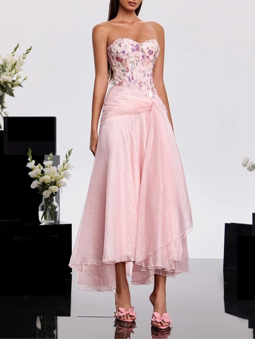 Haruna Strapless Embroidered Midi Dress Flowering Girl