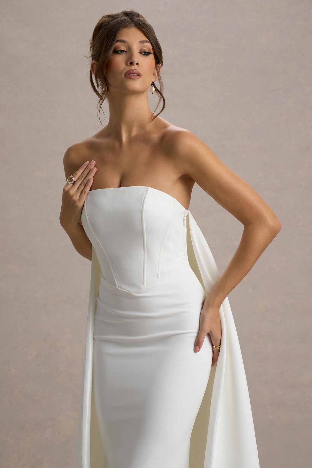 She's Trouble | White Bandeau Maxi Dress With Cape Flowering Girl